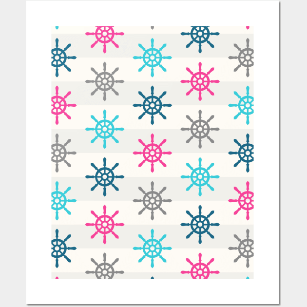 Nautical Wheel Pattern Pink Blue Grey Wall Art by dreamingmind